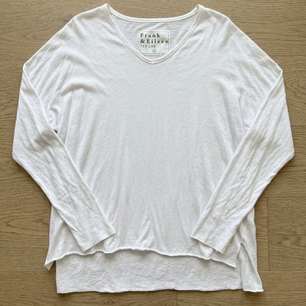 Frank & Eileen Tee Lab V-Neck Top Women Large White Cotton Long Sleeve Relaxed